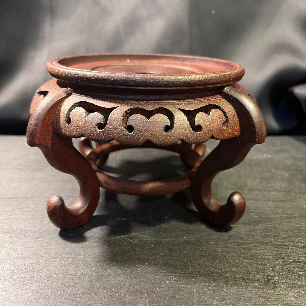 Vintage Carved Wood Pedestal Stand Ornate Asian Style Vase Riser 4.5 Inch